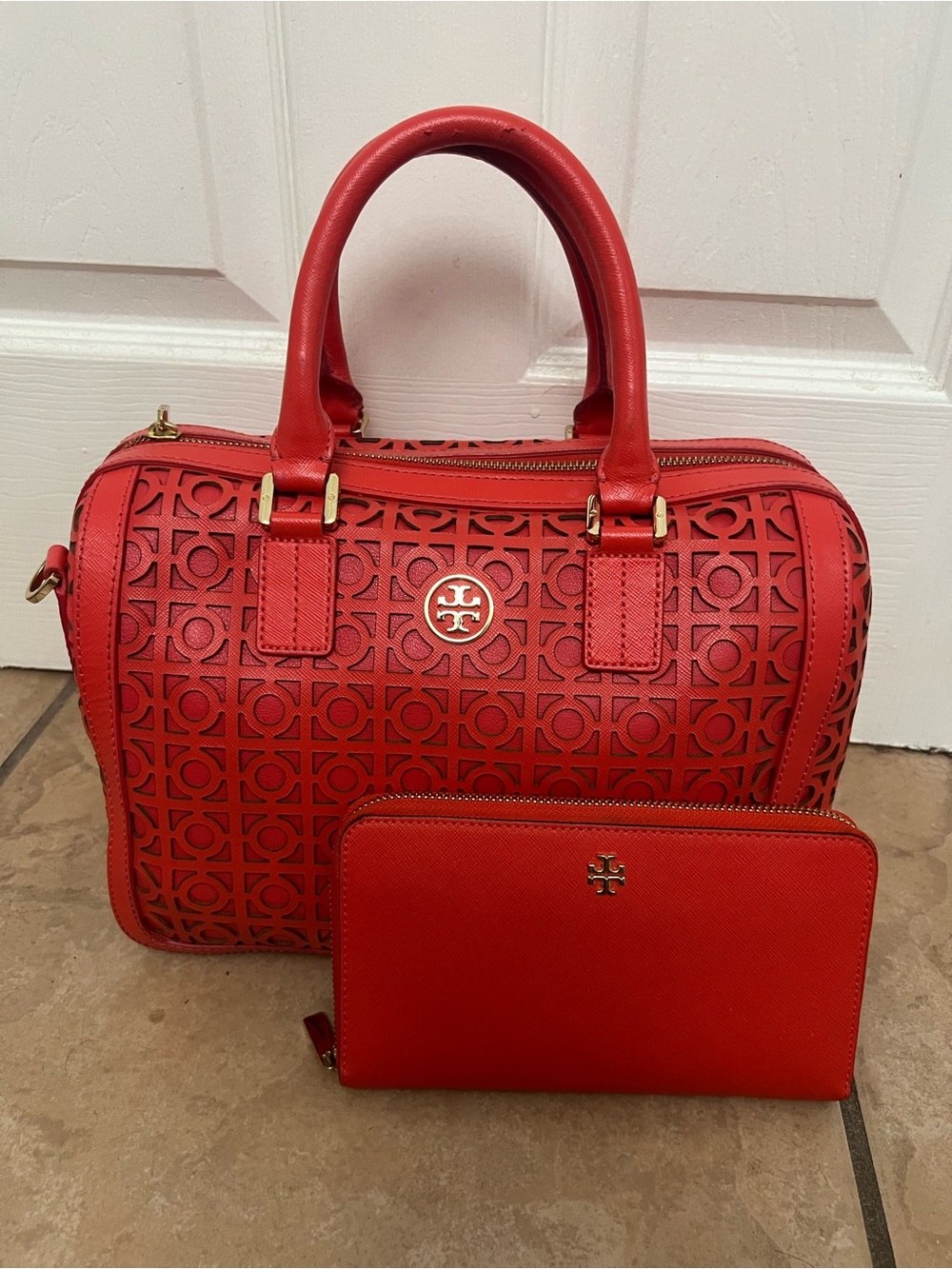 Tory Burch orange/red  Perforated Logo Satchel with Matching Zip Wallet